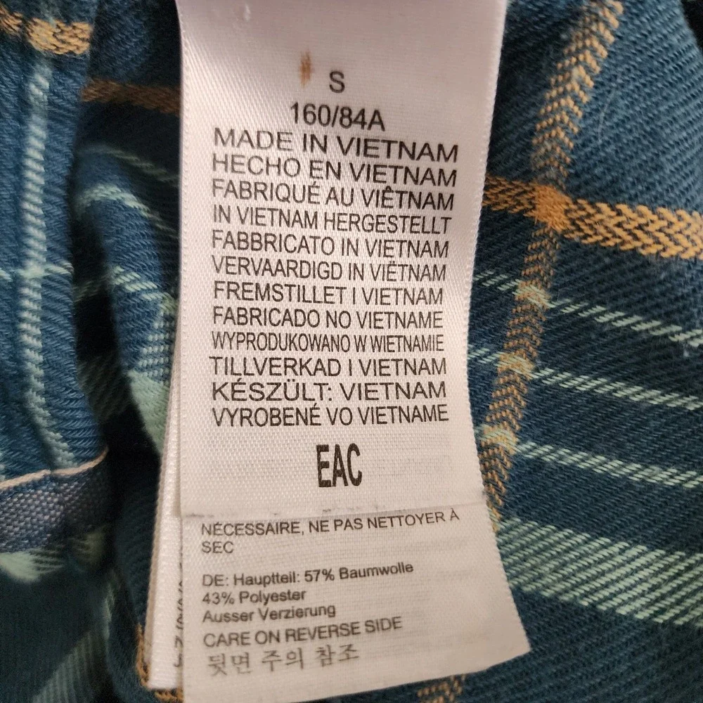 Marmot Womens Teal Blue Plaid Flannel Button Down Shirt Corduroy Trim Small Hike